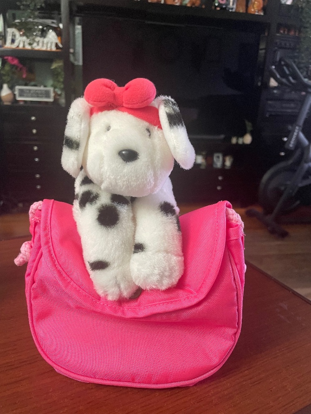 Vintage 1993 Sanrio Spottie Dottie Dalmatian Plush Pink Bag w/ Rope Strap